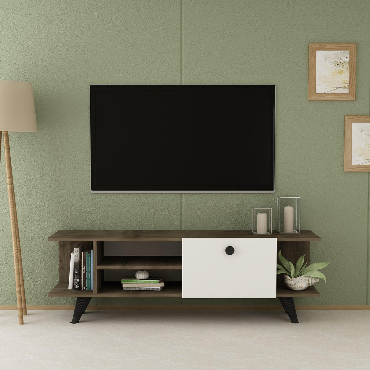 Comoda TV Fantery cu Rafturi si Usa, Nuc - Stejar, 120x45x30 cm - Nuc