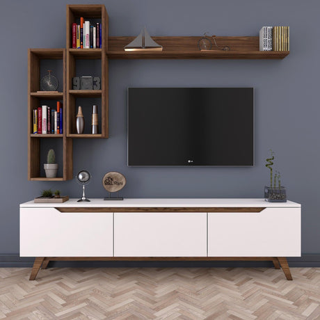 Comoda tv Hirvat cu biblioteca elegant, Alb - Nuc, 180x49x35 cm