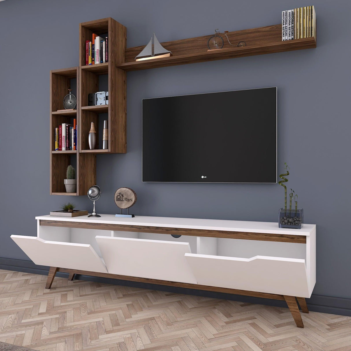 Comoda tv Hirvat cu biblioteca elegant, Alb - Nuc, 180x49x35 cm