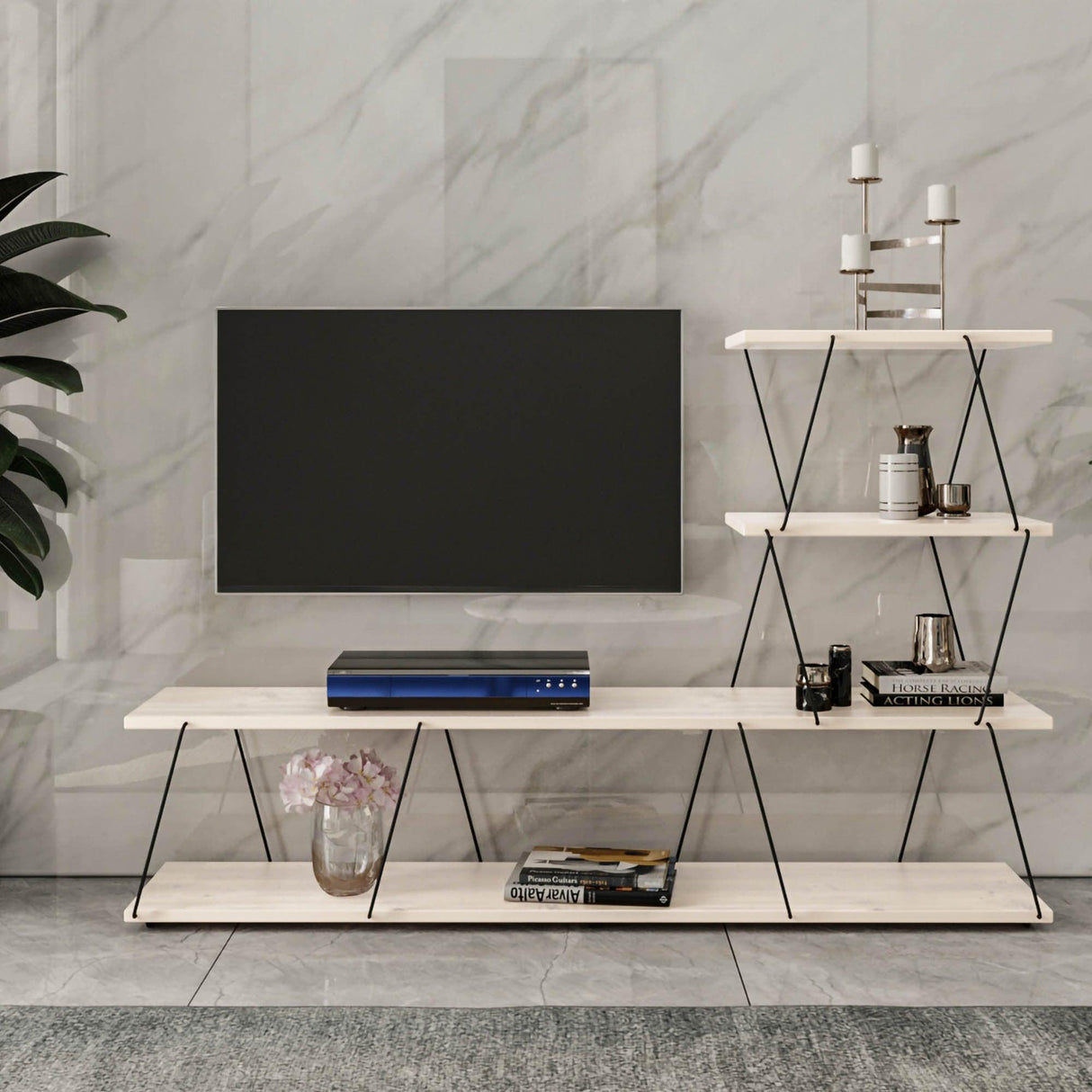 Comoda Tv ilgaz, Alb - Crem - Gri, 150x93x30 cm - Alb