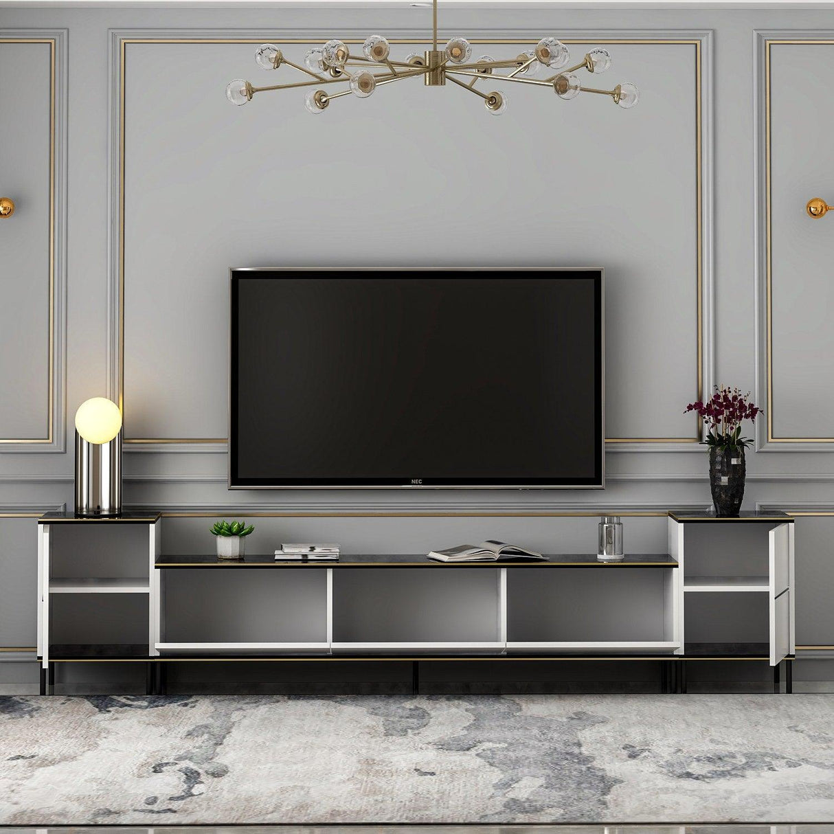 Comoda Tv Imaj, Gri, 180x45x35 cm - Auriu alb negru