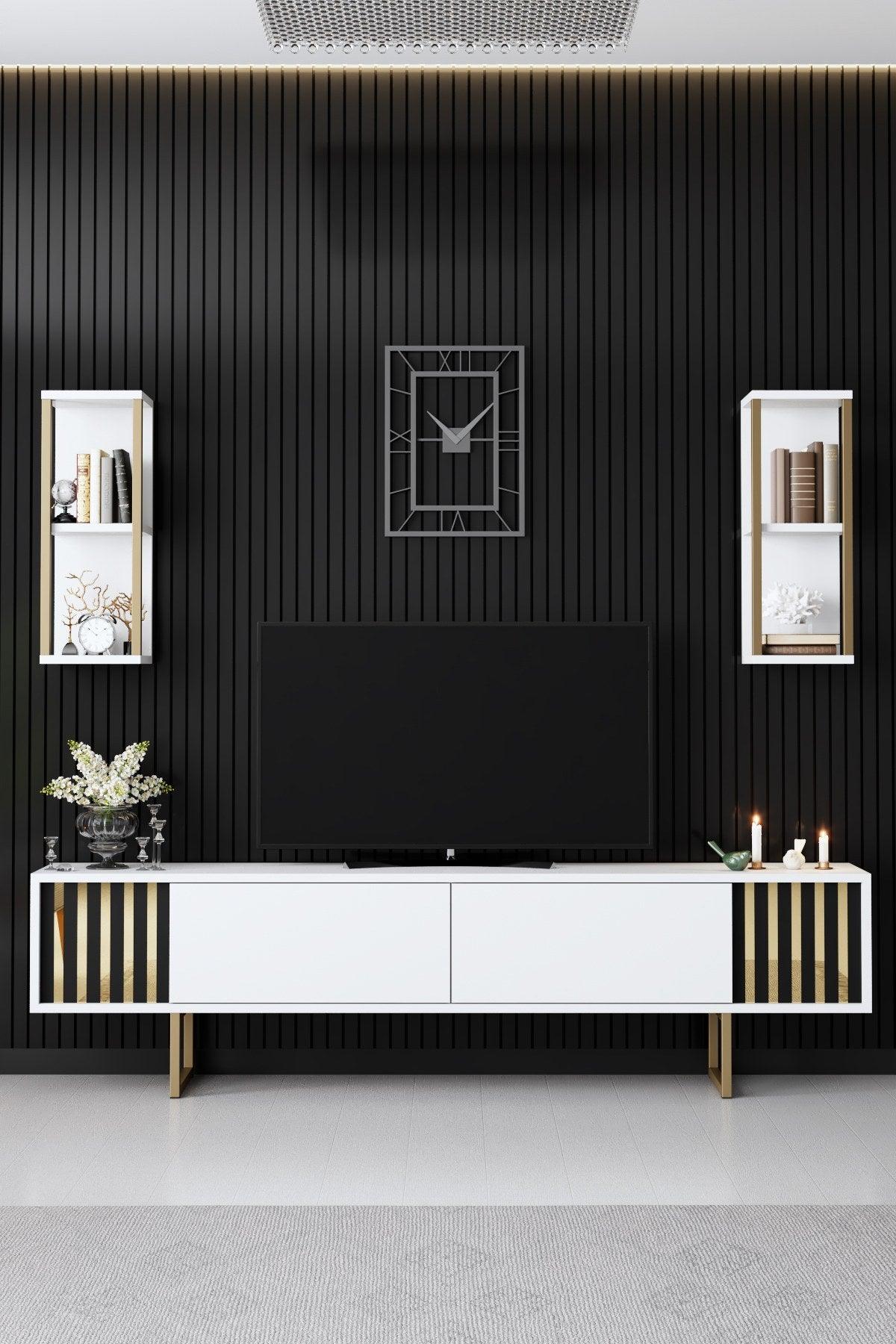 Comoda Tv Lux Gold Line Tv Stand Stylish, Alb - Nuc - Gri, 180x30x18 cm - Alb