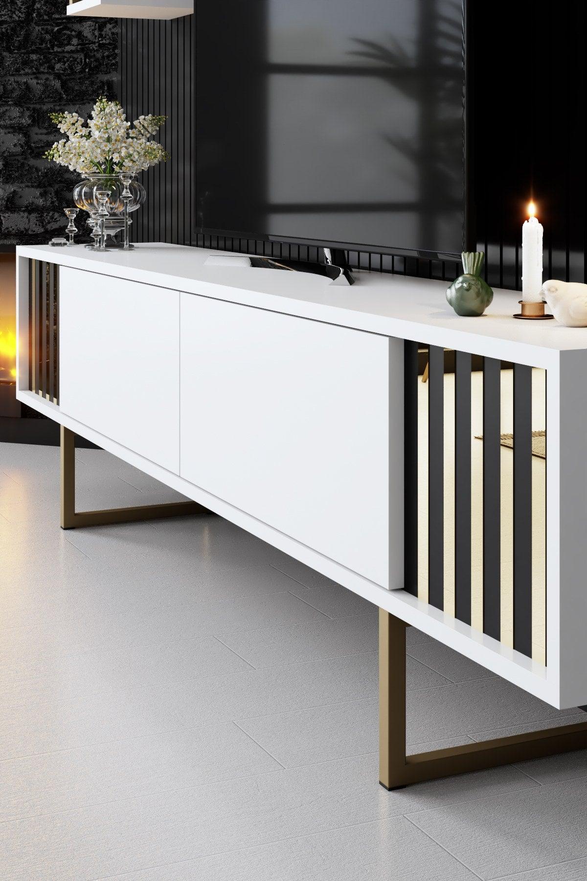 Comoda Tv Lux Gold Line Tv Stand Stylish, Alb - Nuc - Gri, 180x30x18 cm - Alb