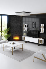 Comoda Tv Lux Gold Line Tv Stand Stylish, Alb - Nuc - Gri, 180x30x18 cm - Alb
