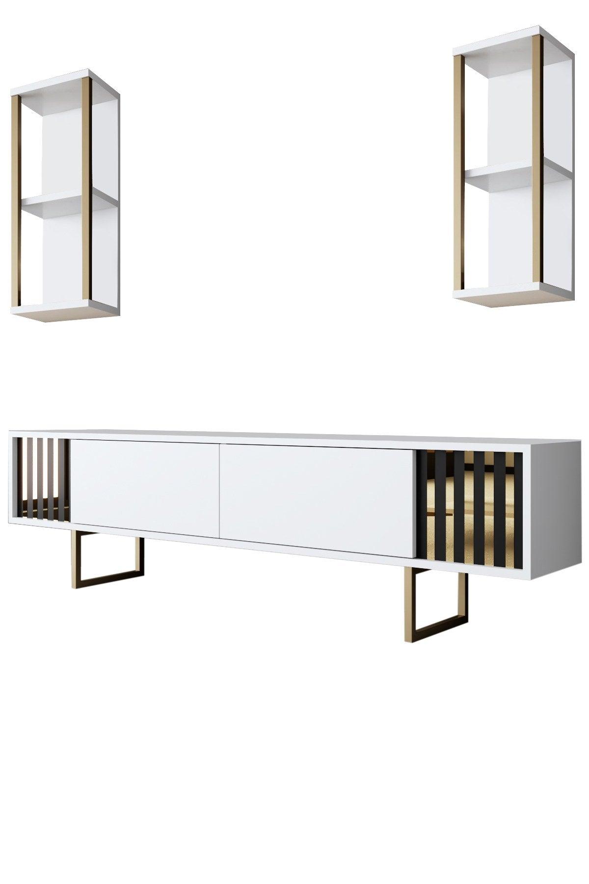 Comoda Tv Lux Gold Line Tv Stand Stylish, Alb - Nuc - Gri, 180x30x18 cm - Alb