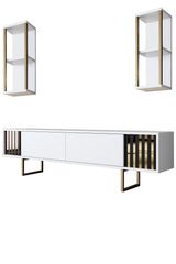 Comoda Tv Lux Gold Line Tv Stand Stylish, Alb - Nuc - Gri, 180x30x18 cm - Alb