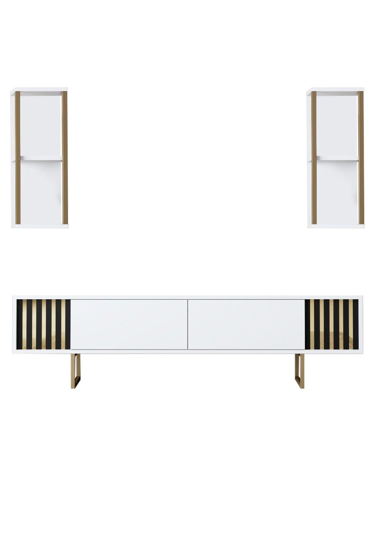 Comoda Tv Lux Gold Line Tv Stand Stylish, Alb - Nuc - Gri, 180x30x18 cm - Alb