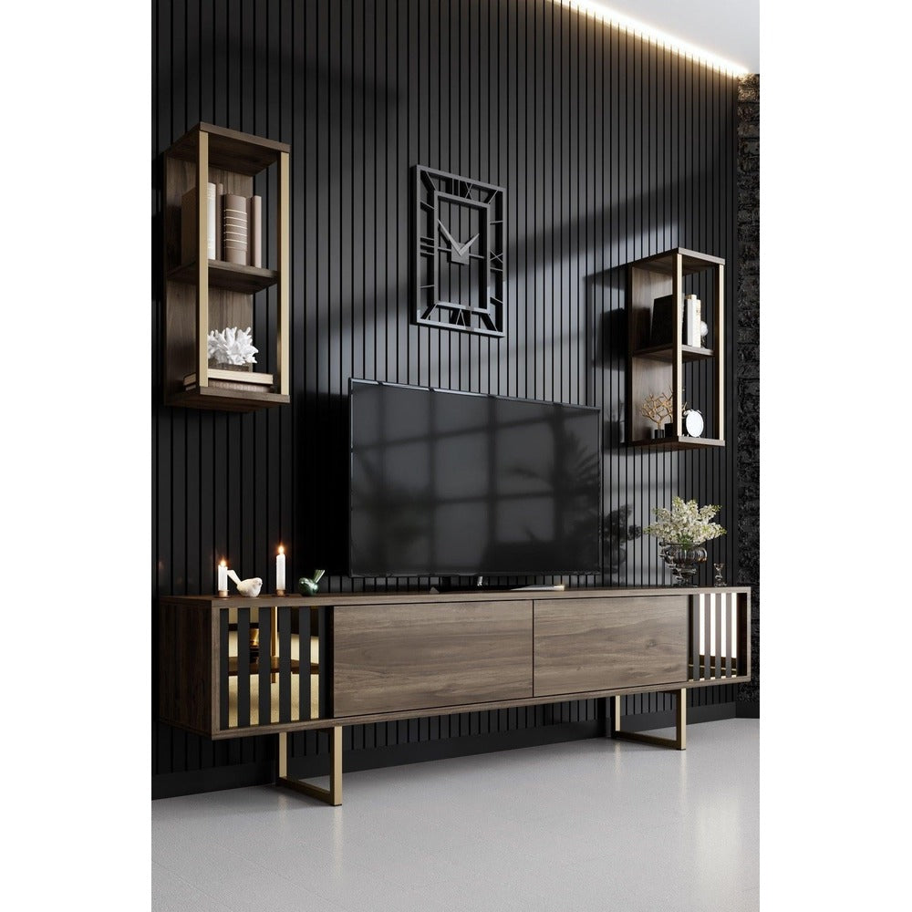 Comoda Tv Lux Gold Line Tv Stand Stylish, Alb - Nuc - Gri, 180x30x18 cm - Maro