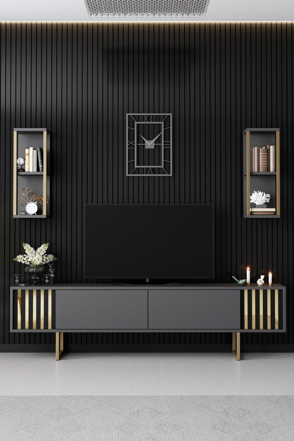 Comoda Tv Lux Gold Line Tv Stand Stylish, Alb - Nuc - Gri, 180x30x18 cm - Gri