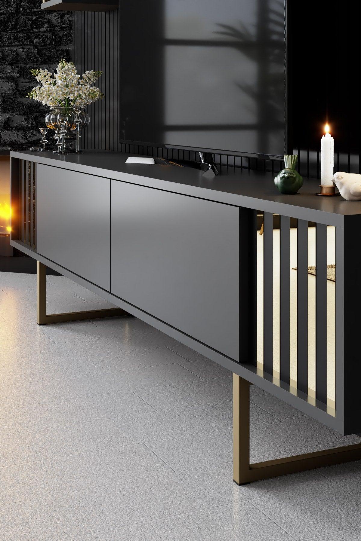 Comoda Tv Lux Gold Line Tv Stand Stylish, Alb - Nuc - Gri, 180x30x18 cm - Gri