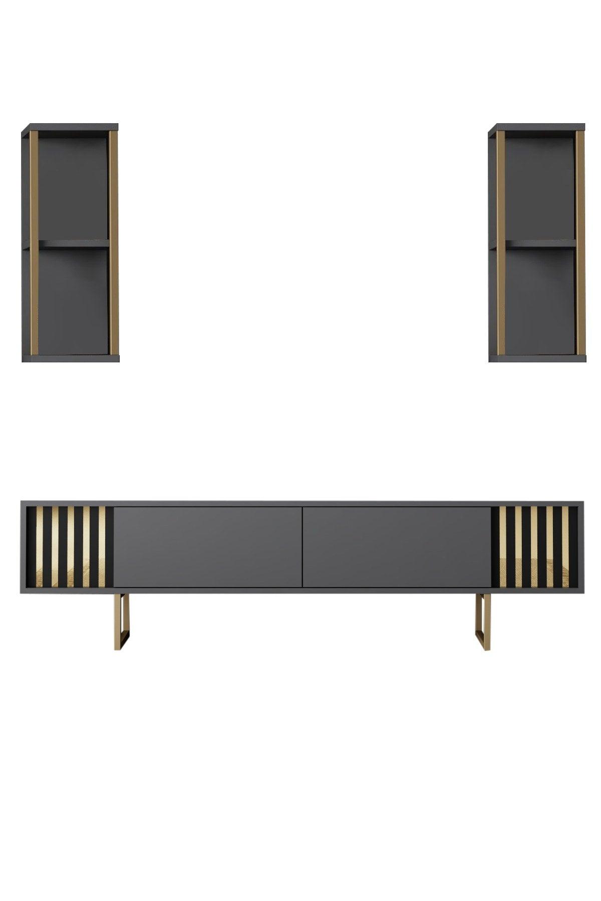 Comoda Tv Lux Gold Line Tv Stand Stylish, Alb - Nuc - Gri, 180x30x18 cm - Gri