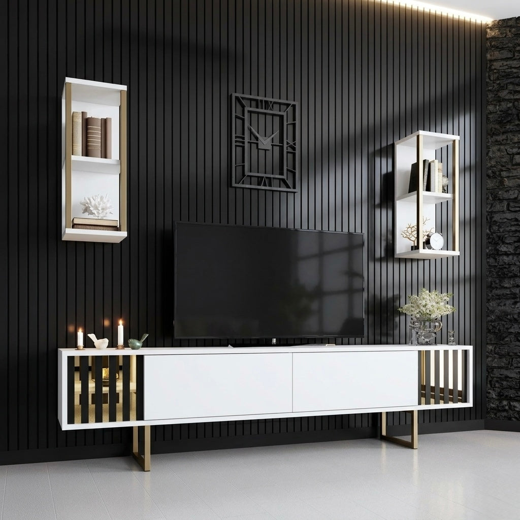 Comoda Tv Lux Gold Line Tv Stand Stylish, Alb - Nuc - Gri, 180x30x18 cm - Alb