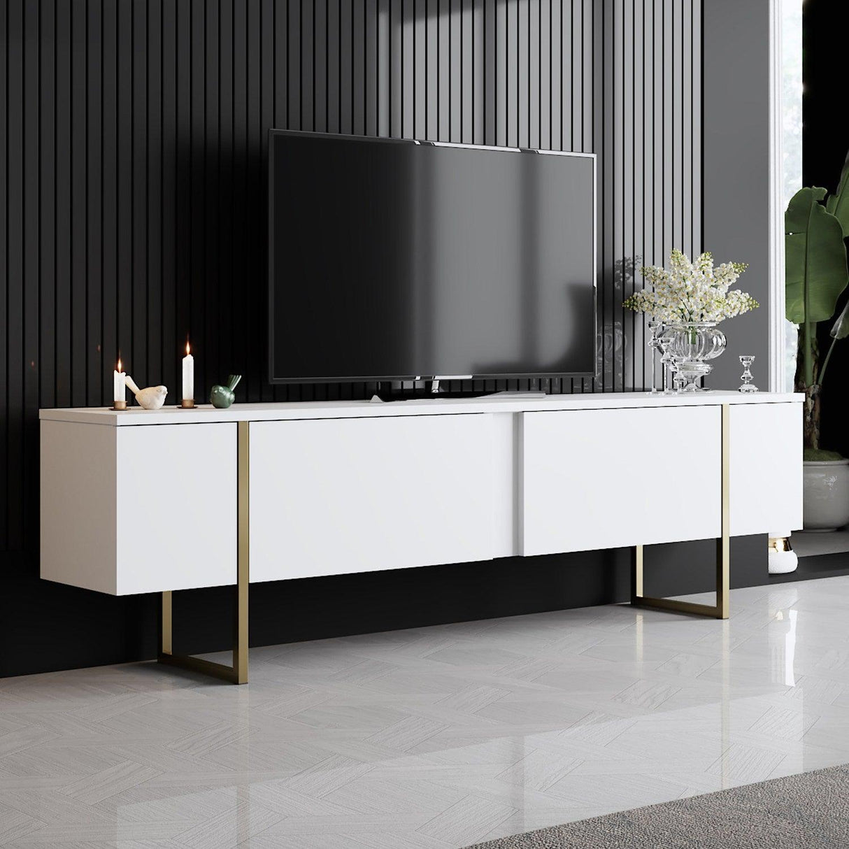 Comoda Tv Luxe TV Stand Chic, Alb Negru Nuc, 180x50x30 cm - Alb