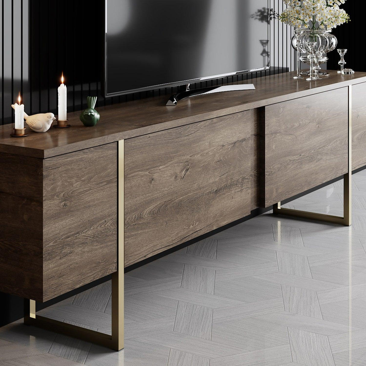 Comoda Tv Luxe TV Stand Chic, Alb Negru Nuc, 180x50x30 cm - Nuc