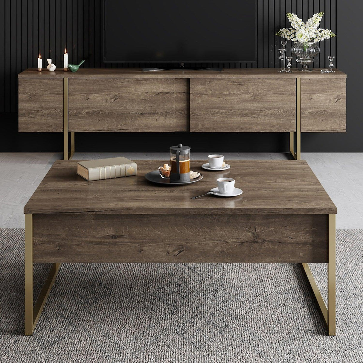 Comoda Tv Luxe TV Stand Chic, Alb Negru Nuc, 180x50x30 cm - Nuc