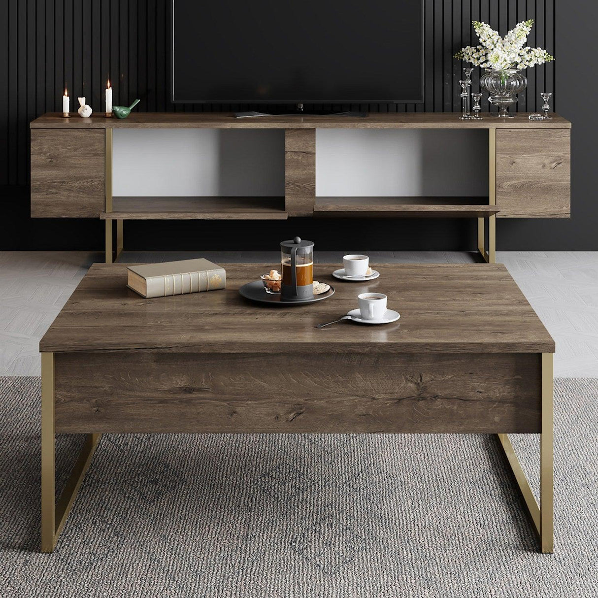 Comoda Tv Luxe TV Stand Chic, Alb Negru Nuc, 180x50x30 cm - Nuc