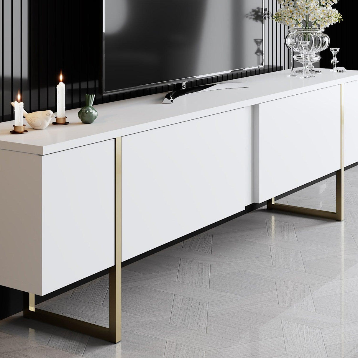 Comoda Tv Luxe TV Stand Chic, Alb Negru Nuc, 180x50x30 cm - Alb