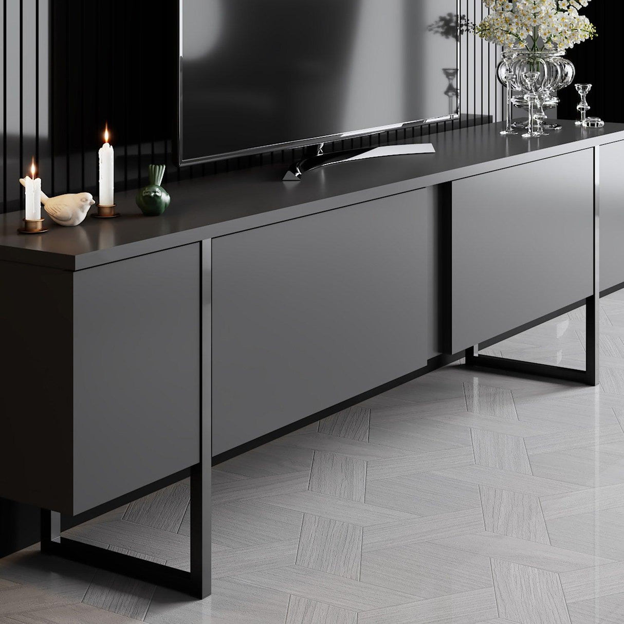 Comoda Tv Luxe TV Stand Chic, Alb Negru Nuc, 180x50x30 cm - Antracit