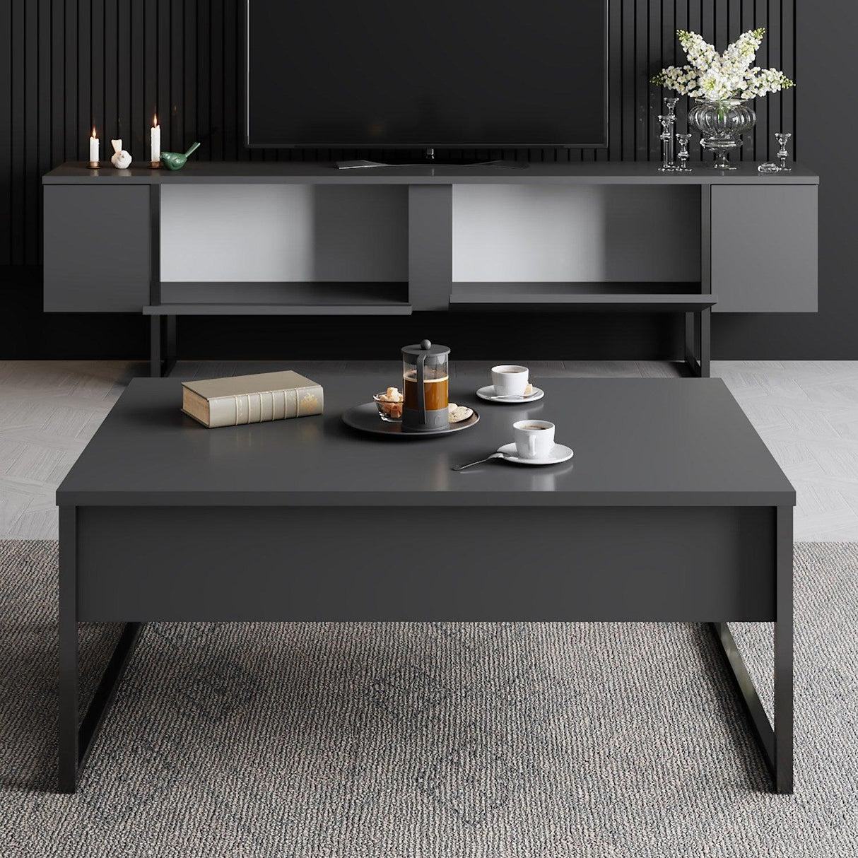 Comoda Tv Luxe TV Stand Chic, Alb Negru Nuc, 180x50x30 cm - Antracit