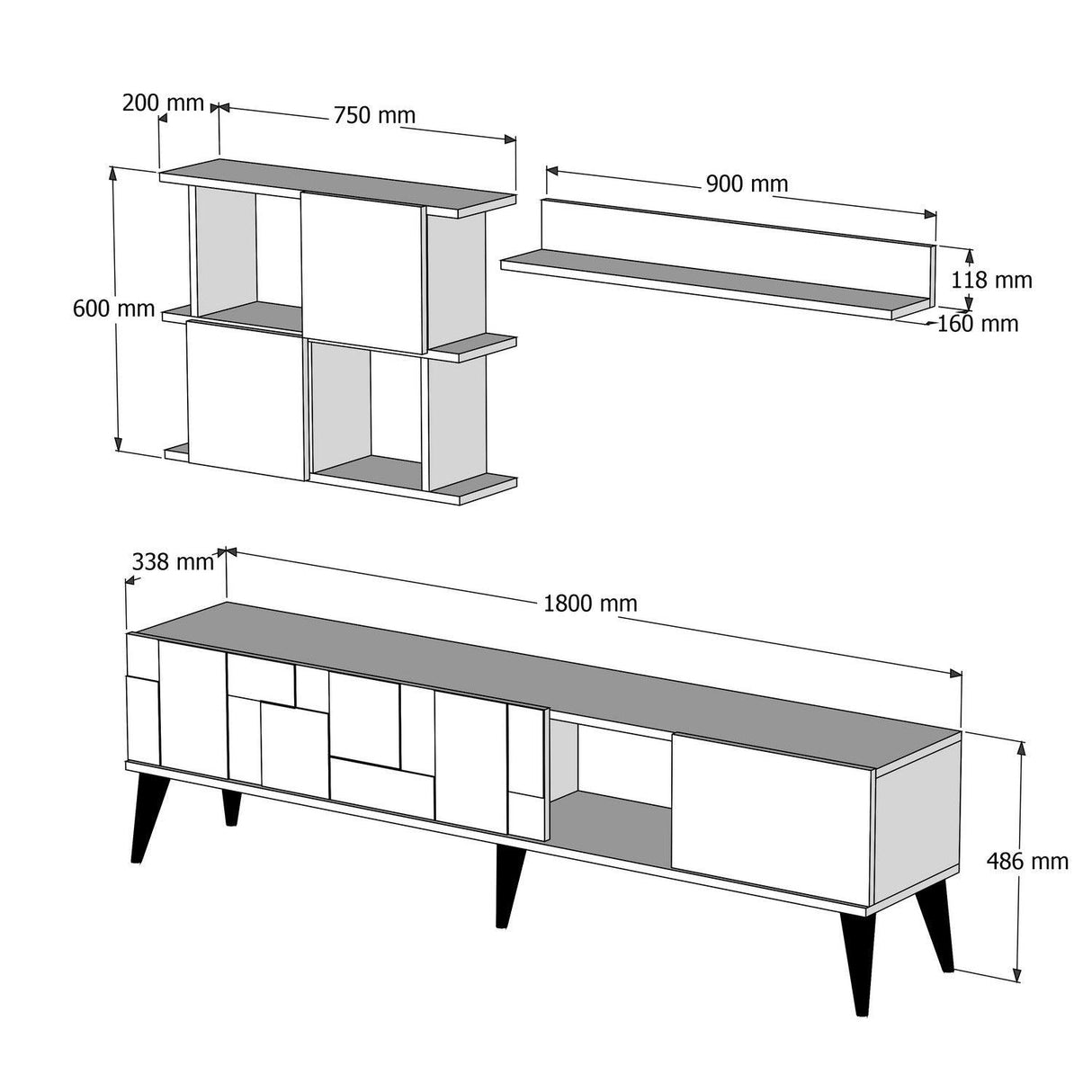 Comoda Tv Madrid TV Unit, Nuc, 34x49x180 cm - Nuc Negru