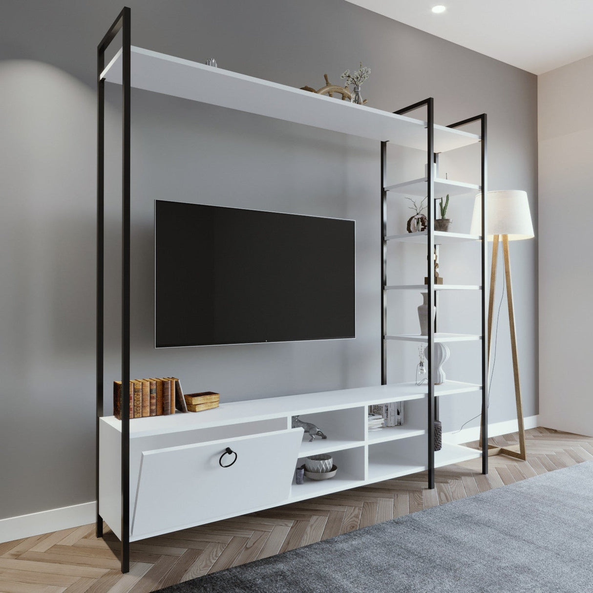 Comodă TV Mat, stejar, negru, alb (diverse dimensiuni) - Comodă TV Mat, stejar, negru, alb, 180x180x40 cm - 285LCV1138