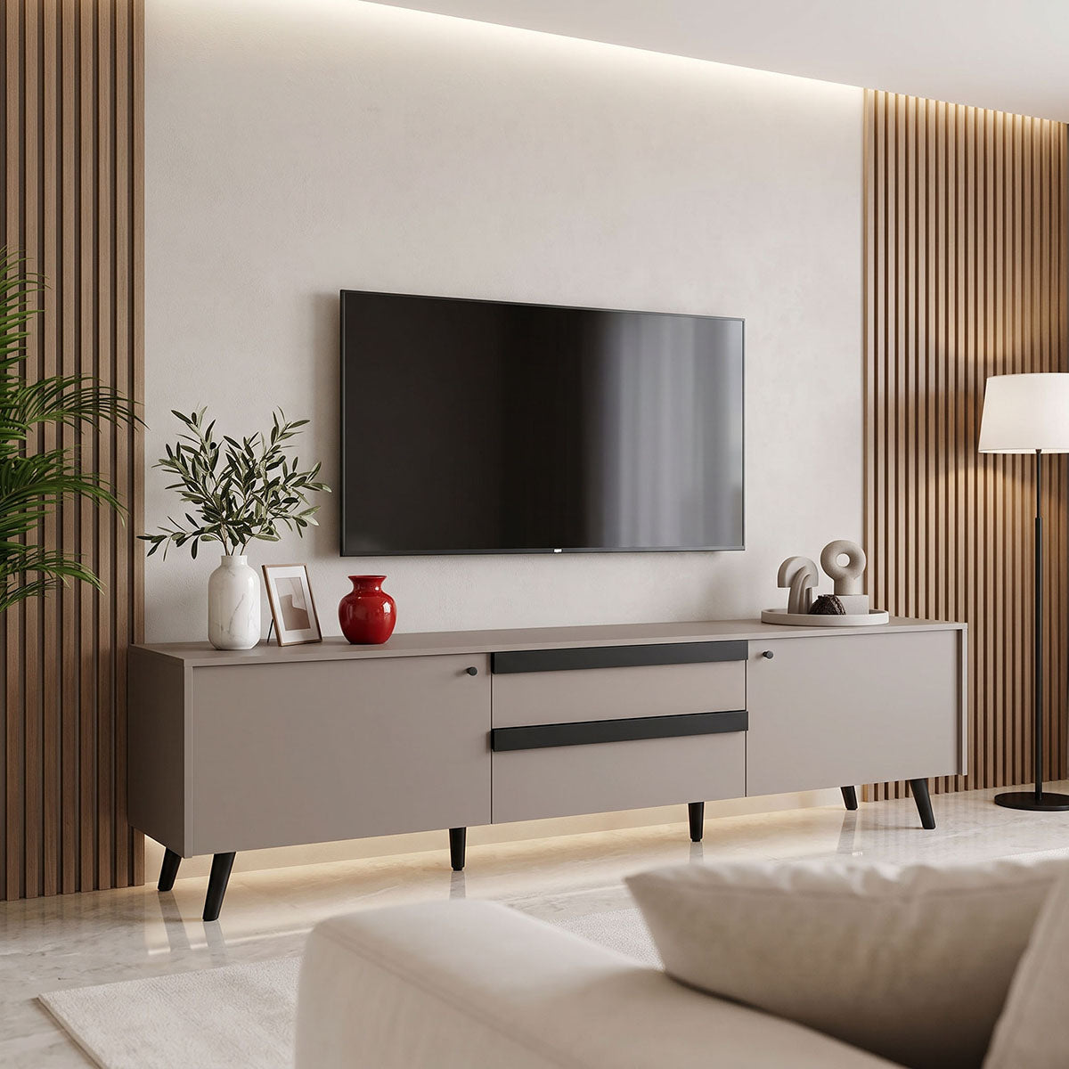 Bej - Negru | SKU: 225-000117 | Comodă TV Nectra, Bej - Negru, 180x40x56 cm, varianta Bej - Negru, produs pentru amenajarea locuinței, disponibil online în România la CasaMob