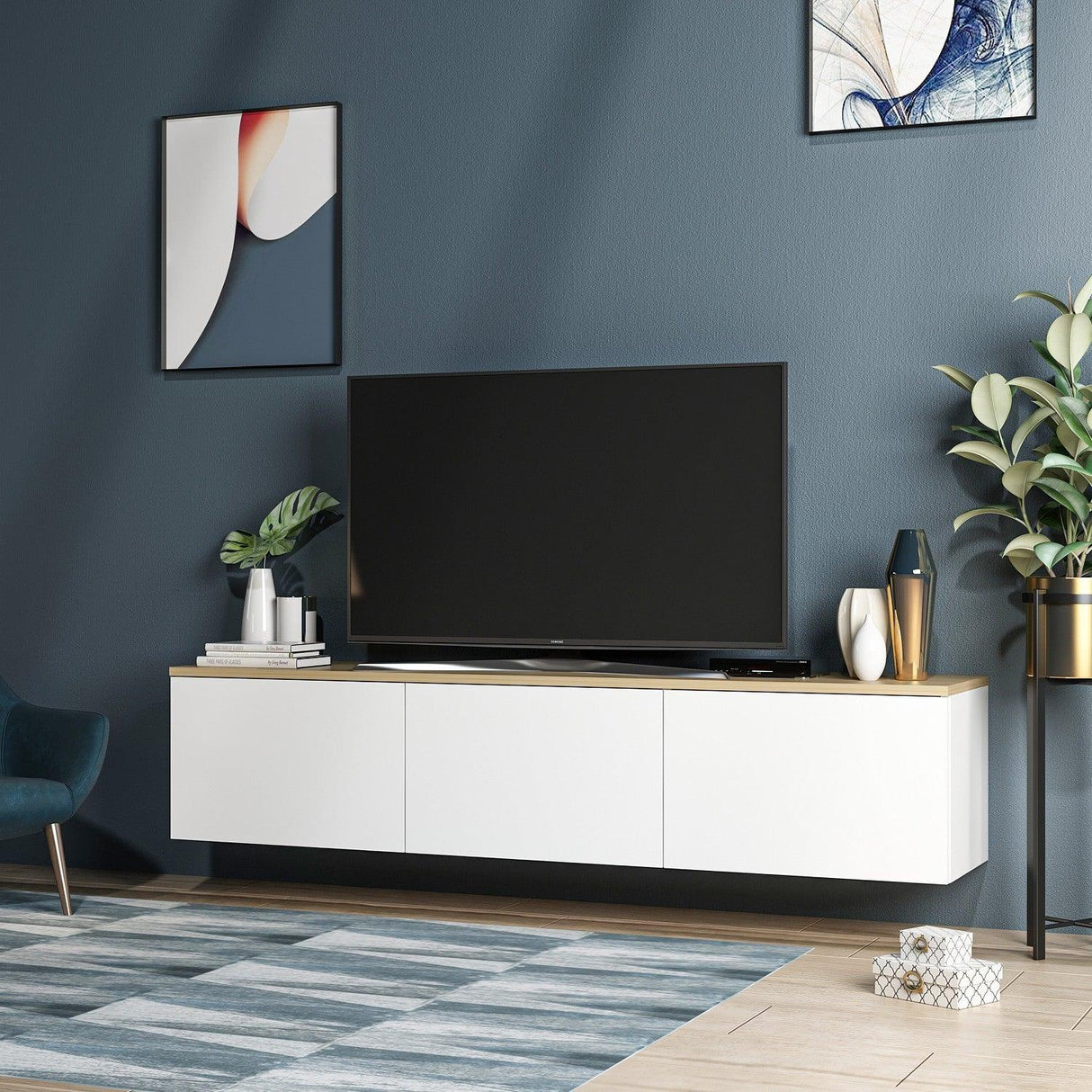 Comoda Tv Neon cu 3 Compartimente, Alb, 160x35x32 cm