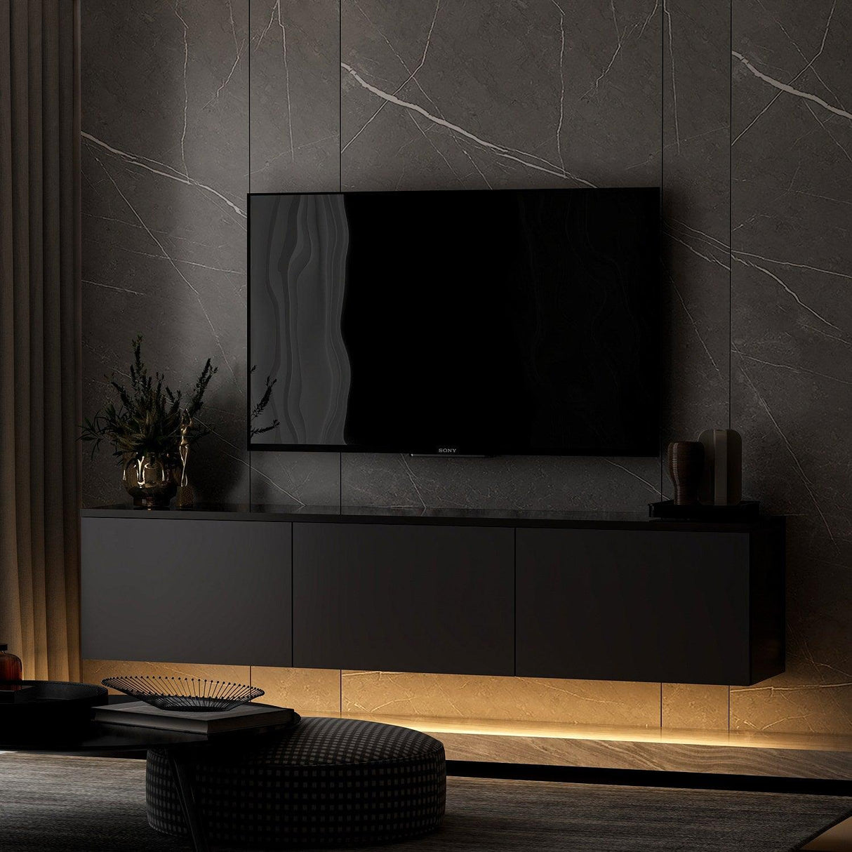 Comoda Tv Neon Illuminated - Anthracite, Gri, 32x35x160 cm