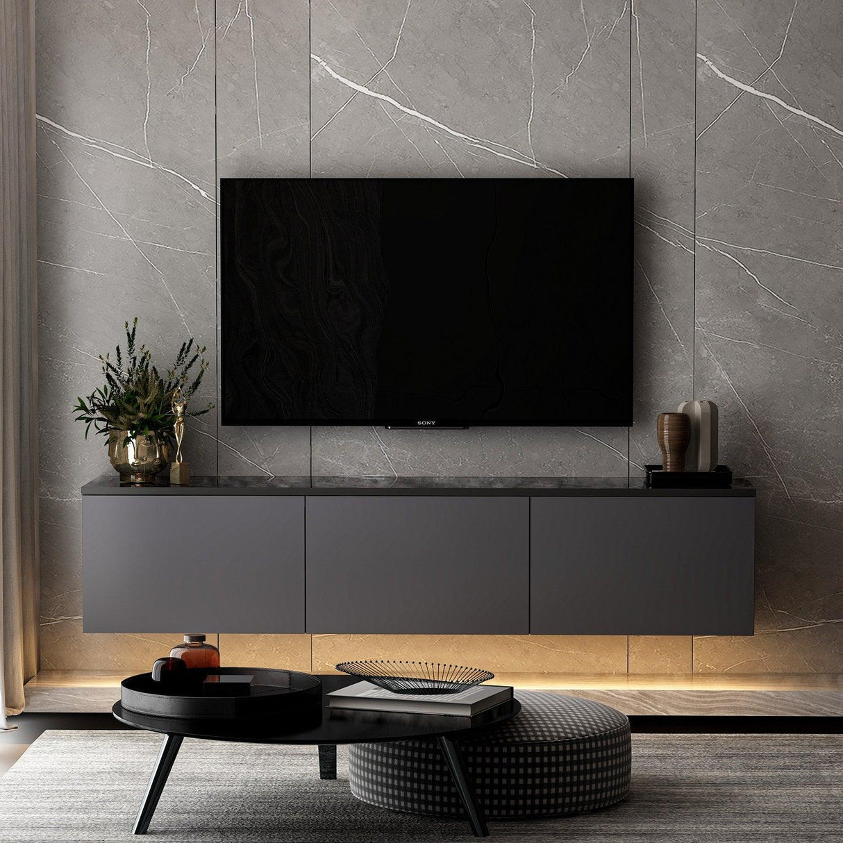 Comoda Tv Neon Illuminated - Anthracite, Gri, 32x35x160 cm