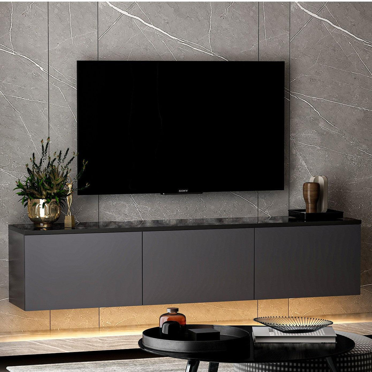 Comoda Tv Neon Illuminated - Anthracite, Gri, 32x35x160 cm