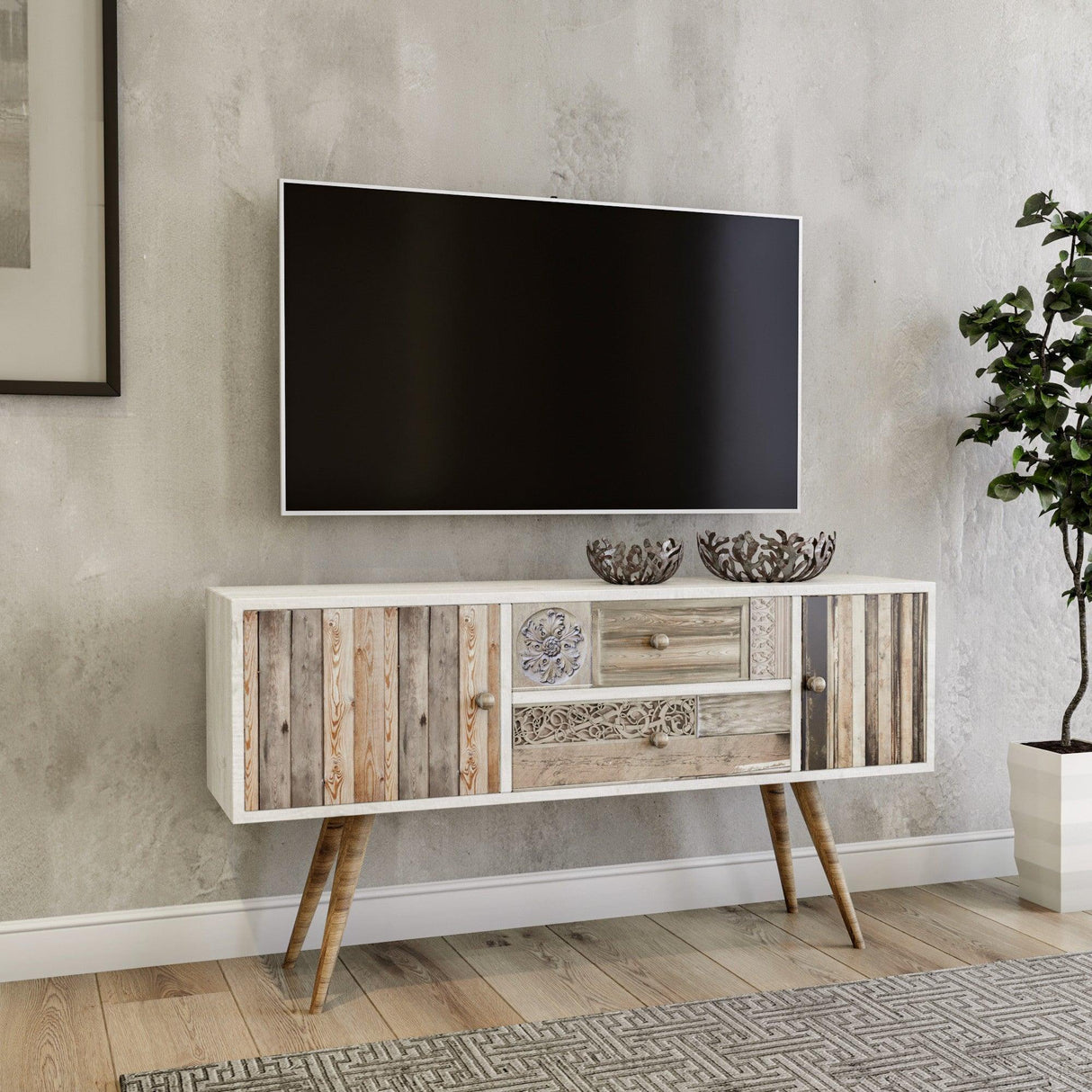 Comoda TV Odense Scandinav, Alb, 122x65x35 cm