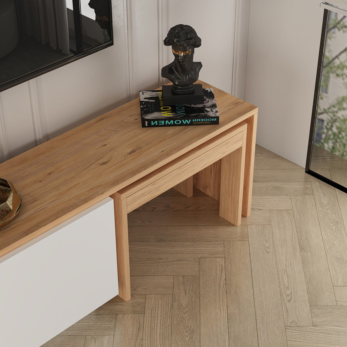 Comoda TV Oslo Antec, Anthracite Walnut - White Atlantic Pine, 180x43 cm - White Atlantic Pine