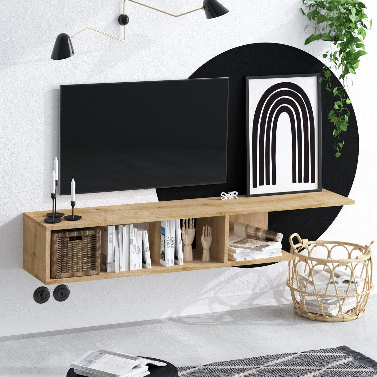 Comoda TV Pan cu rafturi, Stejar, 150x26x24 cm