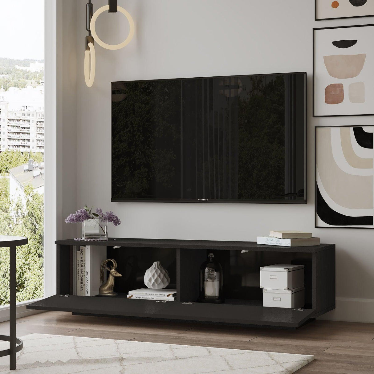Comoda TV Shelfy, Alb - Negru, 140x39x36 cm - Negru
