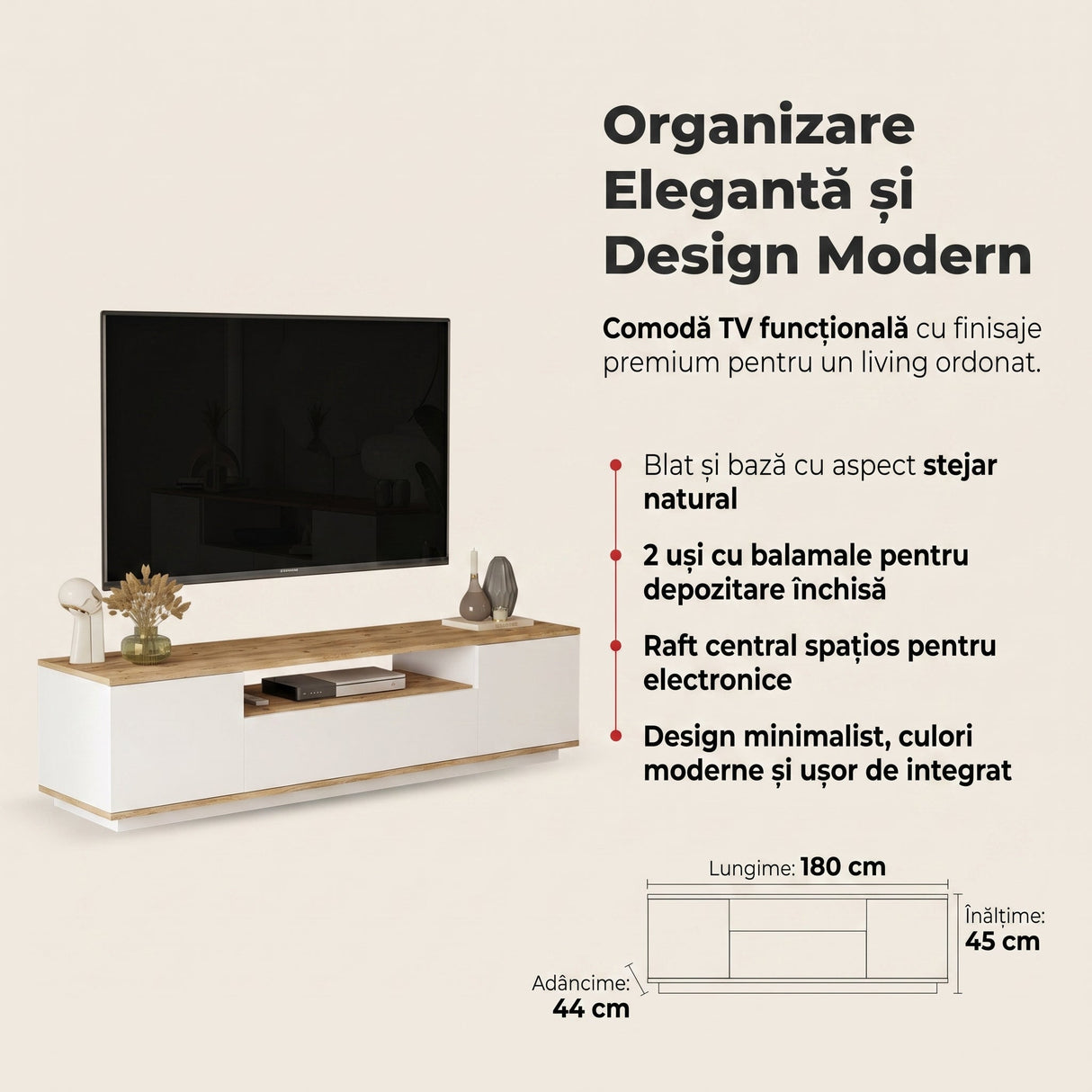 Comoda TV Soren, Antracit - Alb, 180x44x45 cm - Alb