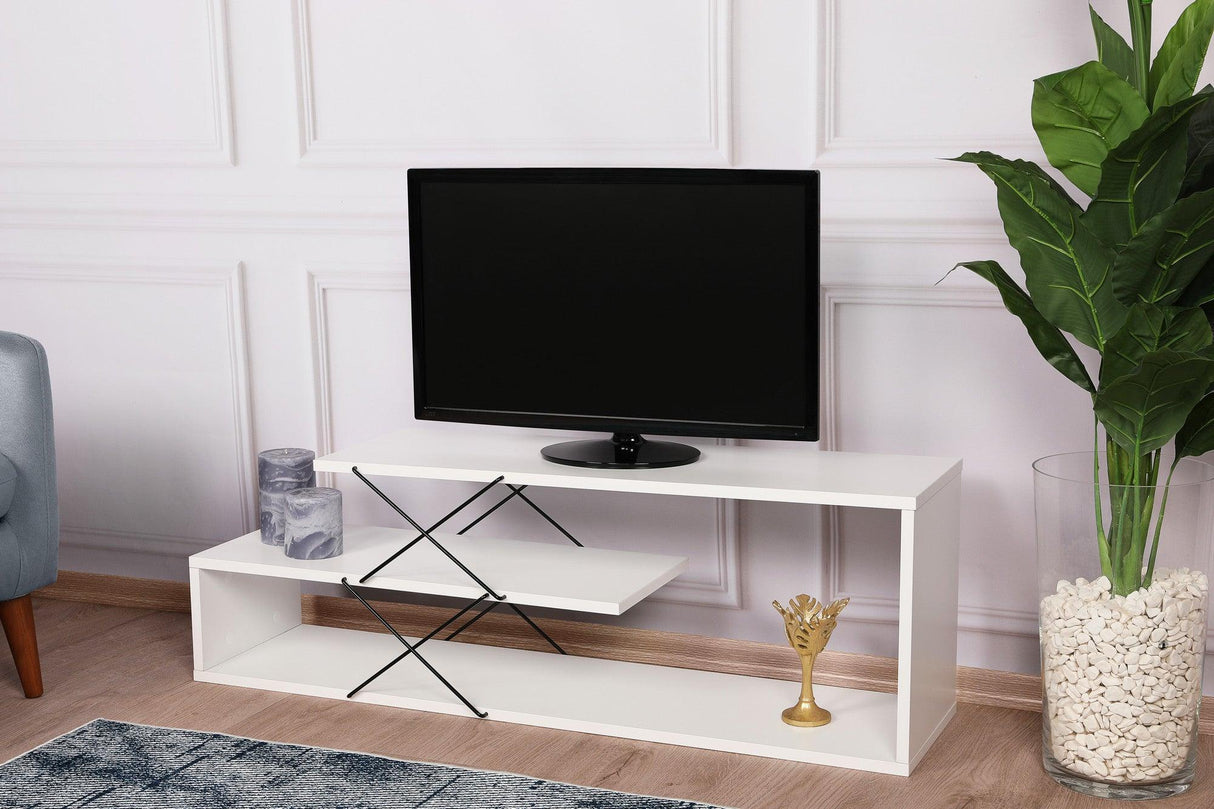 Comoda Tv Zigzag, Alb - Gri - Galben - Stejar - Maro, 120x40x30 cm - Alb