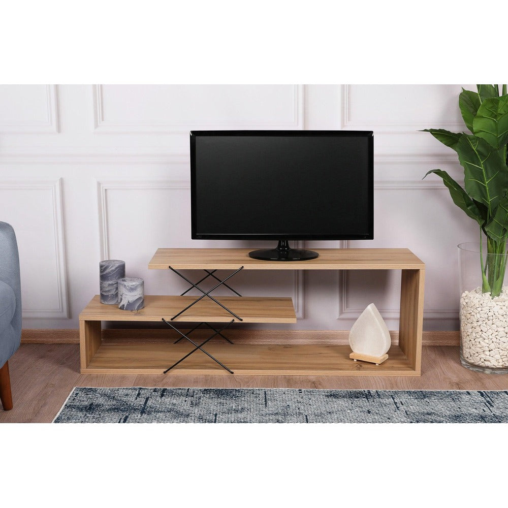 Comoda Tv Zigzag, Alb - Gri - Galben - Stejar - Maro, 120x40x30 cm - Stejar