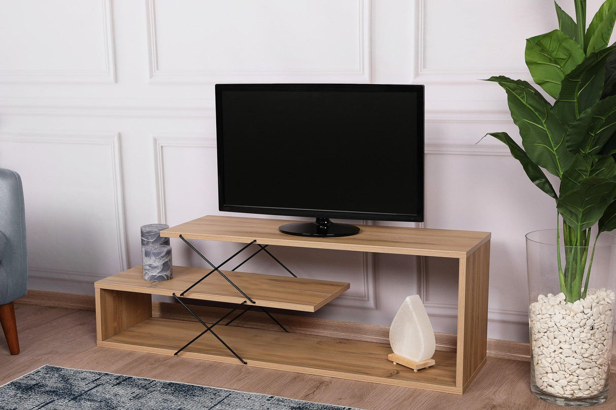 Comoda Tv Zigzag, Alb - Gri - Galben - Stejar - Maro, 120x40x30 cm - Stejar