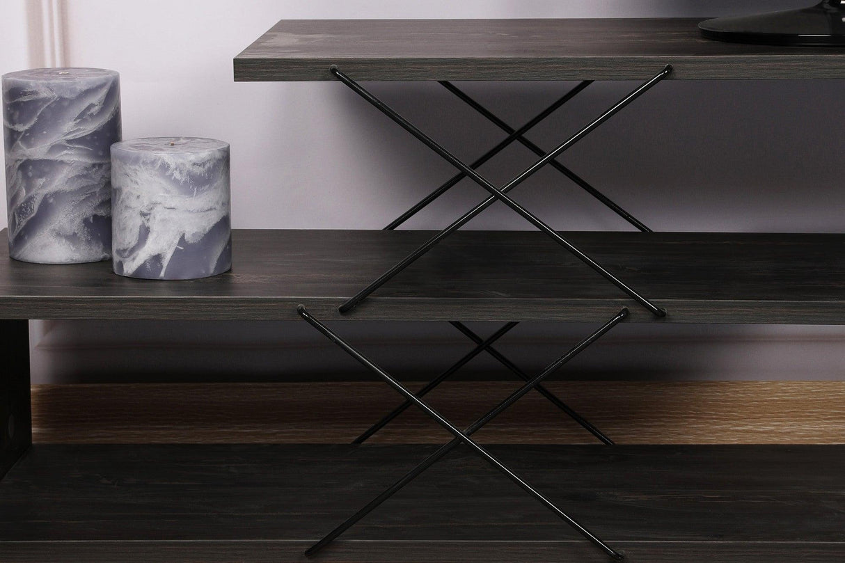 Comoda Tv Zigzag, Alb - Gri - Galben - Stejar - Maro, 120x40x30 cm - Maro inchis