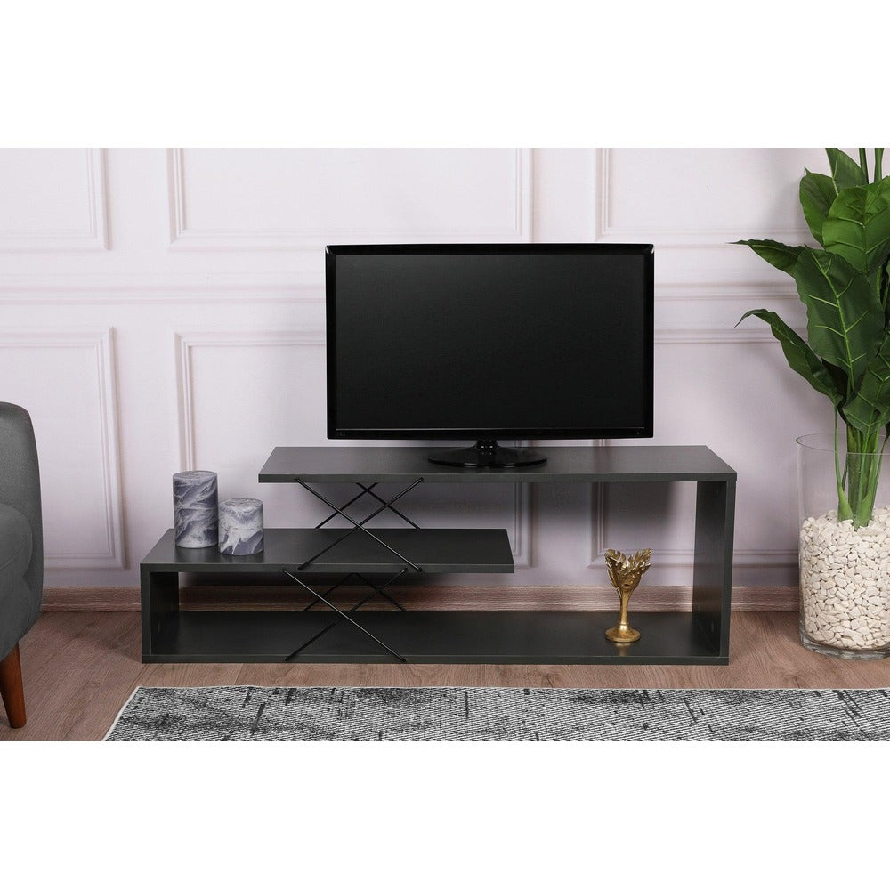 Comoda Tv Zigzag, Alb - Gri - Galben - Stejar - Maro, 120x40x30 cm - Gri