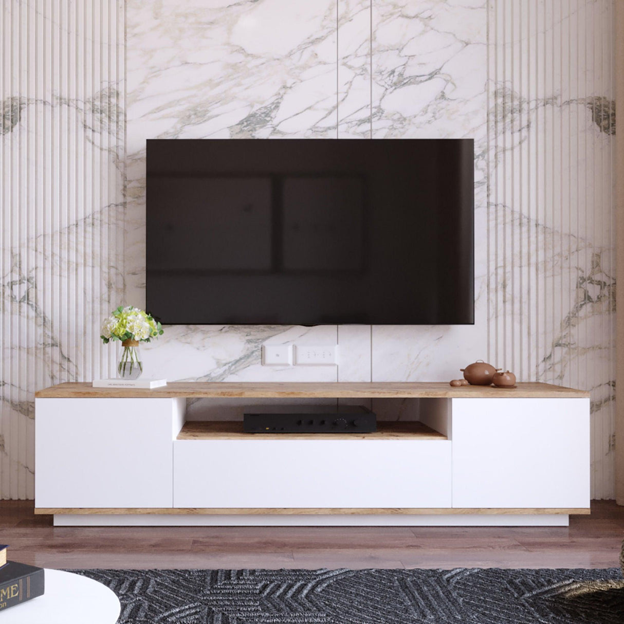 Comoda TV Zimfly, Alb - Gri, 180x45x45 cm - Alb