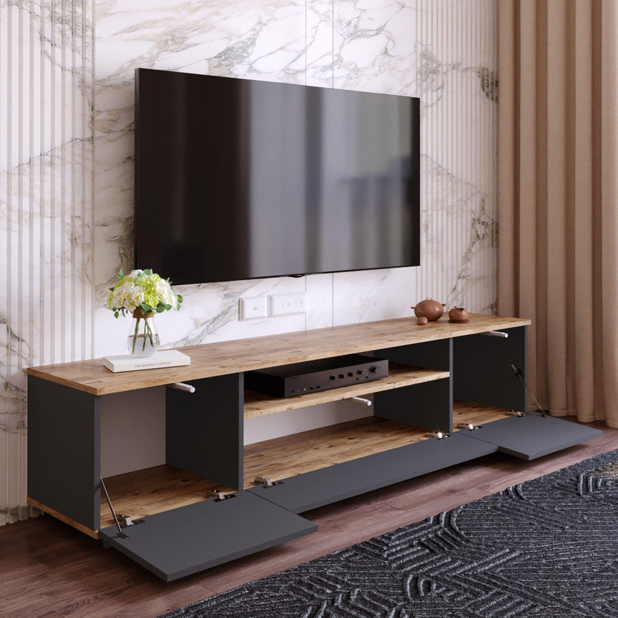 Comoda TV Zimfly, Alb - Gri, 180x45x45 cm - Gri