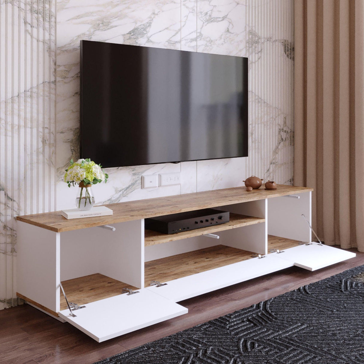 Comoda TV Zimfly, Alb - Gri, 180x45x45 cm - Alb