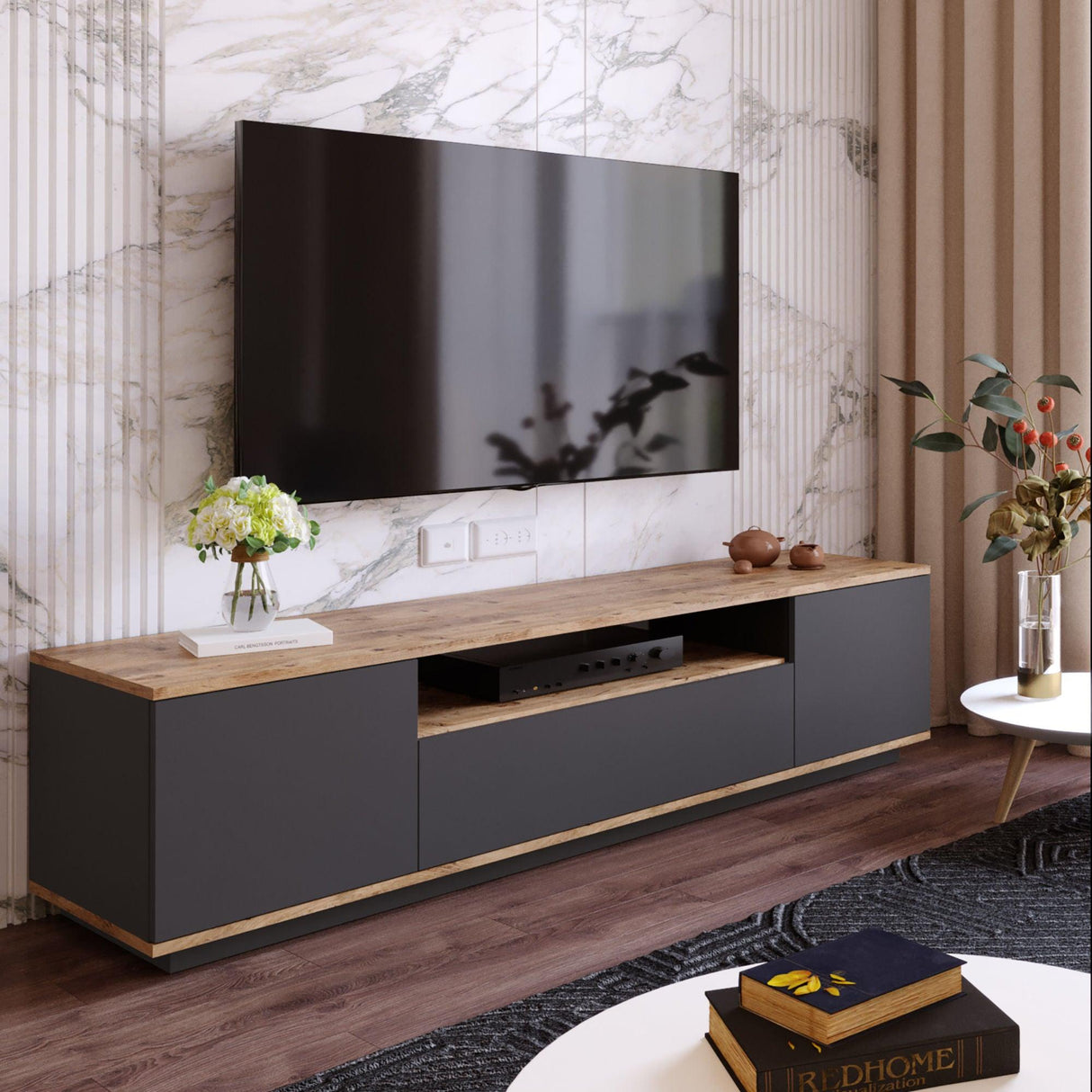 Comoda TV Zimfly, Alb - Gri, 180x45x45 cm - Gri