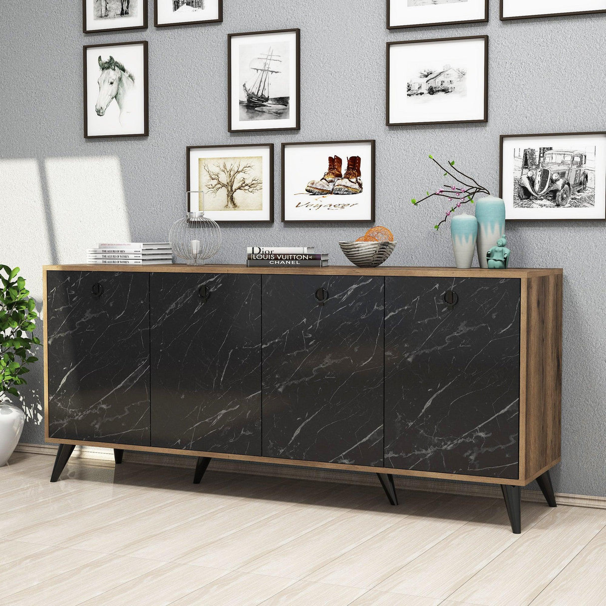 Consolă Elite Console, Alb - Negru, 180x80x45 cm - Marmură neagră
