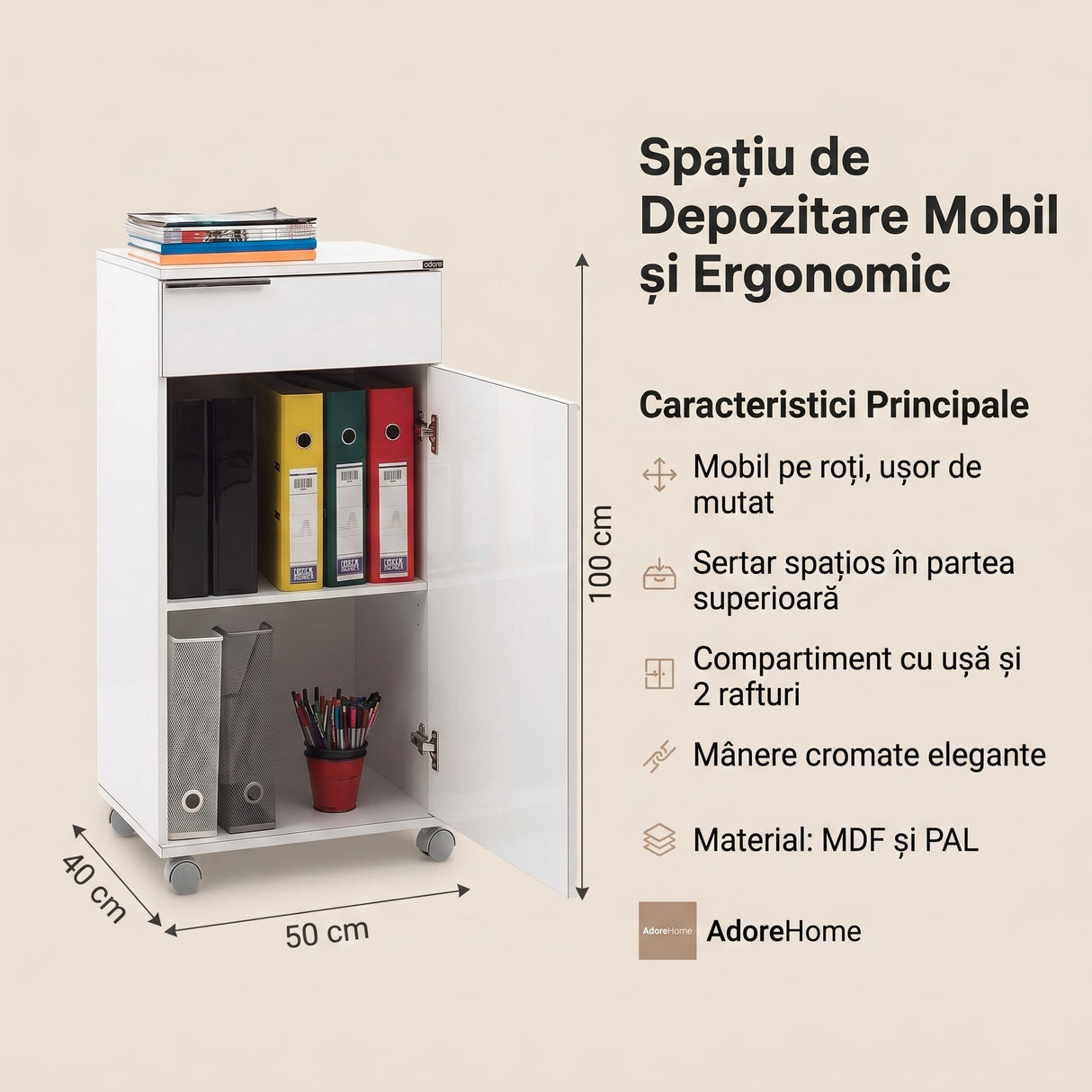 Corp Mobil ADR-411-PP-1 Home Collection® Diamond, cu usa, sertar si rotile, Alb, 50x100x40 cm