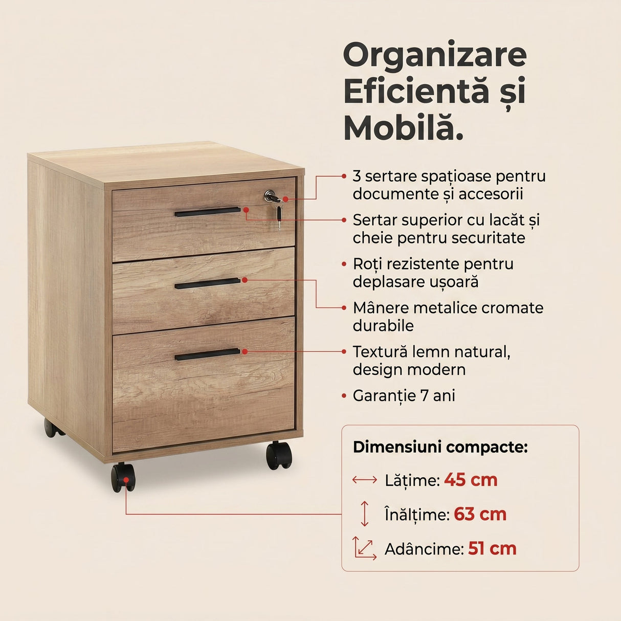 Corp Mobil NKS-530-TT-1 Home Collection® New York Rollbox, 3 Sertare, sertar cu cheie, Natur, 45x63x51 cm