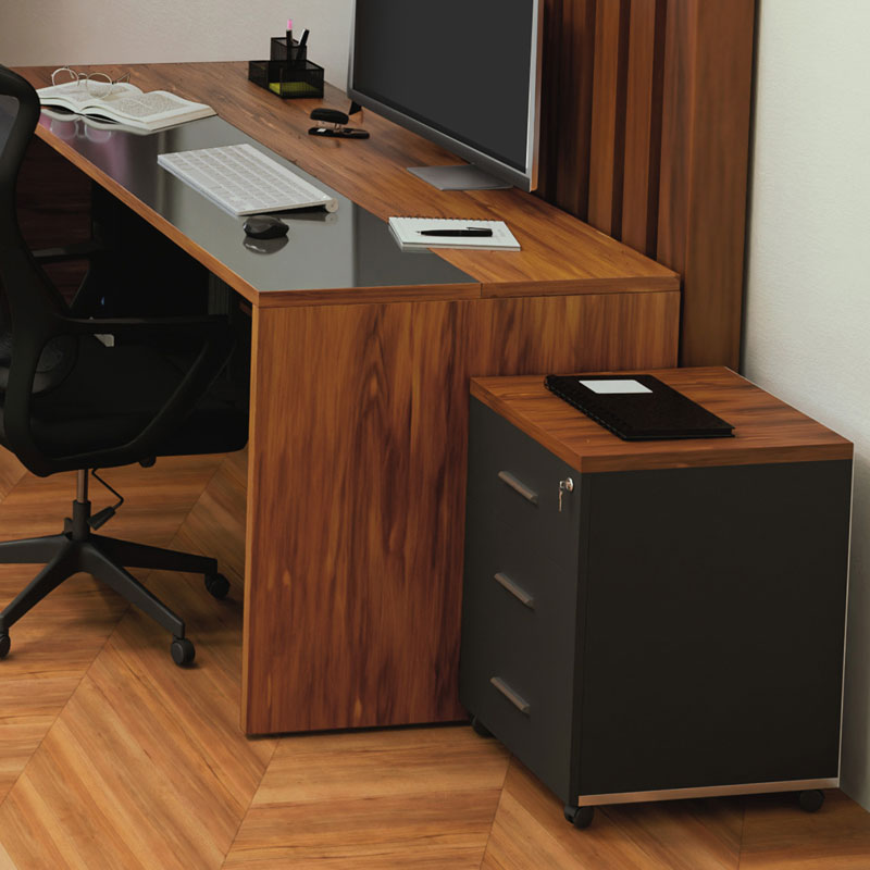 Corp mobil pe roti Oscar cu cheie, 3 sertare, nuc - antracit, 40x48x63 cm, imagine suplimentara