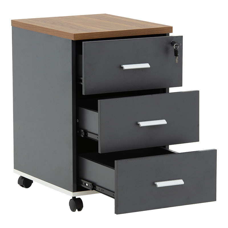 Corp mobil pe roti Oscar cu cheie, 3 sertare, nuc - antracit, 40x48x63 cm