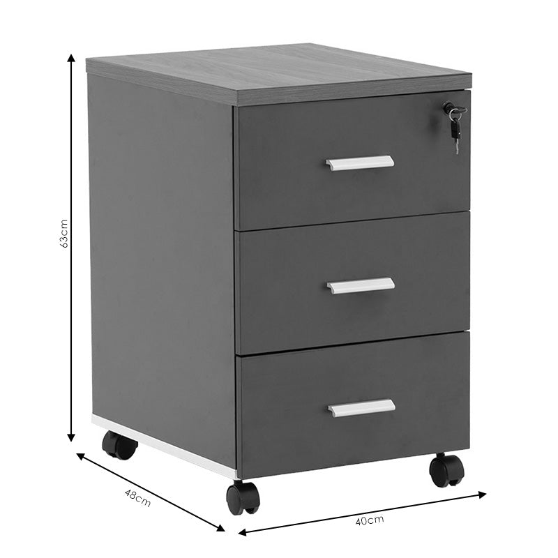 Corp mobil pe roti Oscar cu cheie, 3 sertare, nuc - antracit, 40x48x63 cm